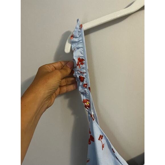 ZARA Floral Midi Dress Linen Viscose Ruffle Lace Open Back Blue Print Women's XL - Picture 8 of 11